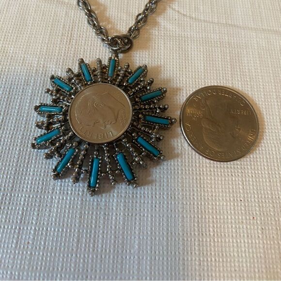 Vintage Silver Toned Faux Turquoise Circular Pendant on Rope Chain - Picture 6 of 6